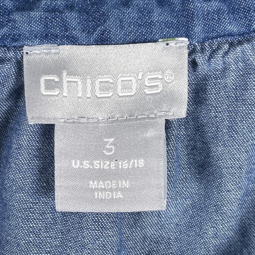 Chicos Embroidered Denim Top Womens 3 / XL Blue 3/4 Balloon Sleeve Boho Popover - Picture 2 of 9